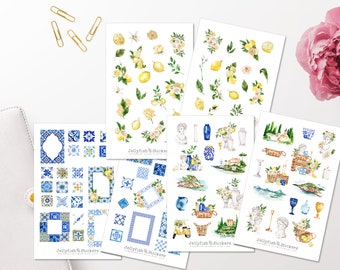 Vacation Sticker Set - Journal Stickers, Stickers Summer, Plants, Lemon, Flowers, Moroccan Tiles, Porcelain, Vases, Bust, Mediterranean