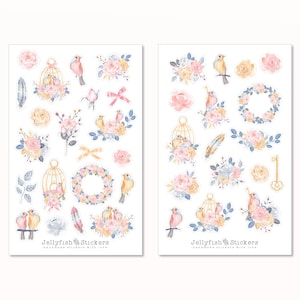 Vögel Frühling Sticker Set - Journal Sticker, Planer Sticker, Natur, Garten, Sticker Sheet, Zubehör, Vogel, Blumen, Pflanzen, rosa