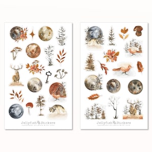 Wald Sticker Set - Aufkleber, Planer Sticker, Sticker Herbst, Natur, Blumen, Tiere, Monde, Stern, Nacht, Fuchs, Pilze, Hirsch, Waldtiere