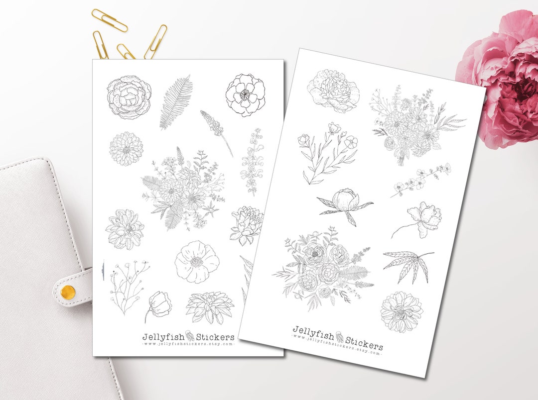 Flower Sticker Set - Black and White Floral Stickers Journal Stickers ...