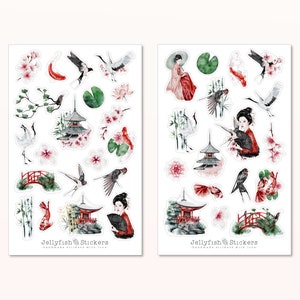 Japan Sticker Set - Aufkleber, Journal, Sticker Geisha, Kranich, Asien, Frau, Mädchen, Vögel, Natur, Kirschblüten, Tempel, Koi Karpfen
