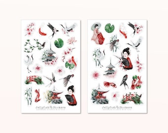 Japan Sticker Set - Stickers, Journal, Sticker Geisha, Crane, Asia, Woman, Girl, Birds, Nature, Cherry Blossoms, Temple, Koi Carp
