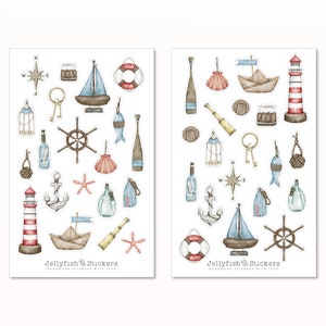Ensemble d'autocollants maritimes - autocollants mer, autocollants journal, autocollants phare, plage, mer, vacances, carnet de voyage, côte, bateau, navire