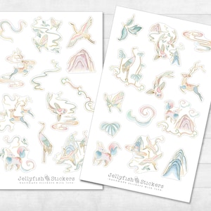 Chinesische Antike Sticker Set - Journal Sticker, Planer Sticker, Aufkleber, Märchen, Magie, Vogel, Blumen, Tiere, Fabel, Fuchs, Kranich