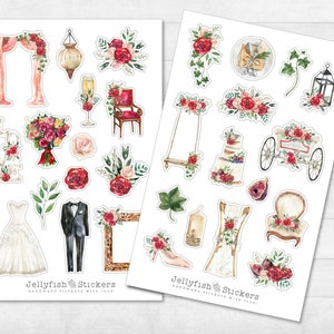 Set di adesivi per matrimonio - Adesivi, adesivi per planner, adesivi con fiori, abito da sposa, anniversario, giorno delle nozze, sposa, sposo, regalo per gli ospiti