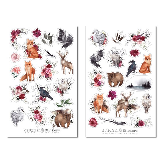 Schottische Tiere Sticker Set – Handgemachte Aufkleber Für Journal, Planer, Mit Wald-Motiven Wie Hirsch, Vogel, Pferd