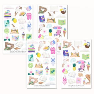 Mädchen Bücher Sticker Set - Journal Sticker, Planer Sticker, Sticker Lesen, Urlaub, Sommer, Reisen, Strand, Pool, Gegenstände, Elemente