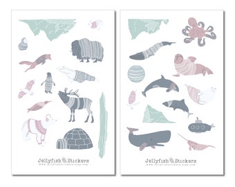 May include: Two sticker sheets with minimalist illustrations of arctic animals and landscapes. The designs include a polar bear, reindeer, whale, and octopus, in a palette of grey, pink, and blue. The text "Jellyfish Stickers" is at the bottom.