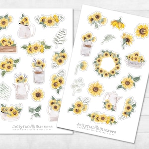 Set adesivi girasole - Adesivi per diario, adesivi pianificatore, decalcomanie, adesivi floreali, giardino, verde, estate, foglie, rami, ghirlande, fiori
