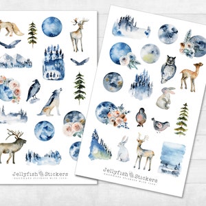 Ensemble d’autocollants d’animaux de la forêt - Autocollants, autocollants de journal, autocollants de planificateur, autocollants renard, animaux, oiseaux, lune, forêt, loup, hibou, nature, roses