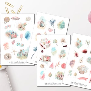 Zomer aquarel sticker set - sticker zee dagboek sticker sticker anker, schelpen, strand, zee, vakantie