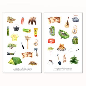 Set de pegatinas de senderismo: pegatinas para diario, planificador, montaña, naturaleza, plantas, acampada, naturaleza, vacaciones, viajes y tiendas de campaña.