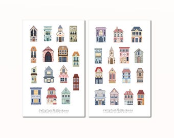 Building Sticker Set - Journal Stickers, Planner Stickers, Stickers, House, Church, Business, Shop, City, Village, Street