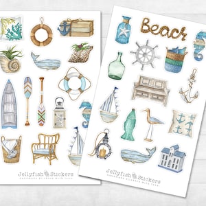 Ensemble d’autocollants maritimes - autocollants mer, autocollants journal, autocollants coquilles, plage, vacances, été, vacances à la plage, mer, ancre, voyage en bateau