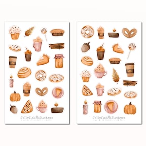 Herbst Gebäck Sticker Set - Aufkleber, Planer Sticker, Kürbis, gemütlich, Kuchen, Cupcake, Tasse, Kaffee, Muffin, Donut, Backen, Rezepte