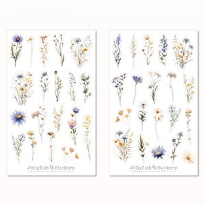 Set met blauwe stickers van wilde bloemen - bloemenstickers, plannerstickers, plantenstickers, bloemenstickers, kleurrijke bloemen, stickers, tuin, natuur