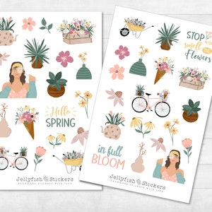 Conjunto de adesivos de primavera - adesivos florais, adesivos de diário, adesivos de planejador, adesivos natureza, meninas, verde, plantas, folhas, casa, flores