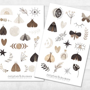May include: Two sticker sheets with celestial and botanical illustrations. Designs include moths, moons, stars, hearts, and floral elements in brown, beige, and black. The text "Jellyfish Stickers" is printed at the bottom of each sheet.