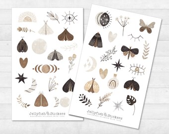 Juego de pegatinas de polilla oscura - Pegatinas para diario, pegatinas para agenda, insectos, naturaleza, magia, hechizos, bruja, estrellas, luna, sol