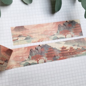 Washi Tape Landschap - Azië, China, bergen, gebouwen, mist, meer, bomen, vakantie, reizen, landen, land, sprookje, breed, groot