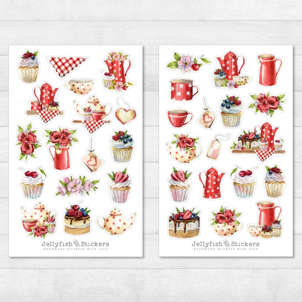 Rote Küche Sticker Set - Aufkleber Kochbuch, Sticker Kochen, Rezeptbuch, Rezepte, Tee, Kaffee, Backen, Backbuch, Blumen, Cupcakes, Muffin