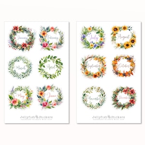 Set di adesivi per mesi - Adesivi per planner, Adesivi per stagioni, Adesivi per anno, Adesivi floreali, Adesivi per ghirlande di fiori, Adesivi per fiori