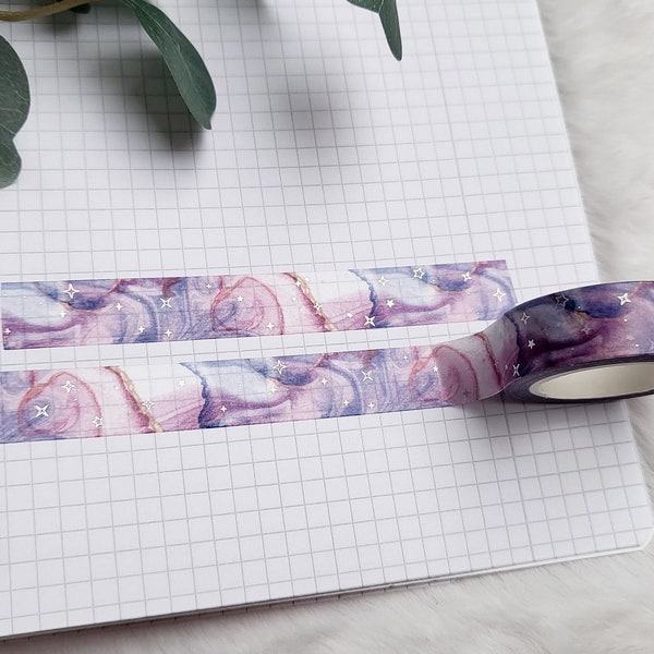 Washi Tape Purple Marble - plata, acuarela, acuarela, rosa, degradado, estrellas, galaxia, magia