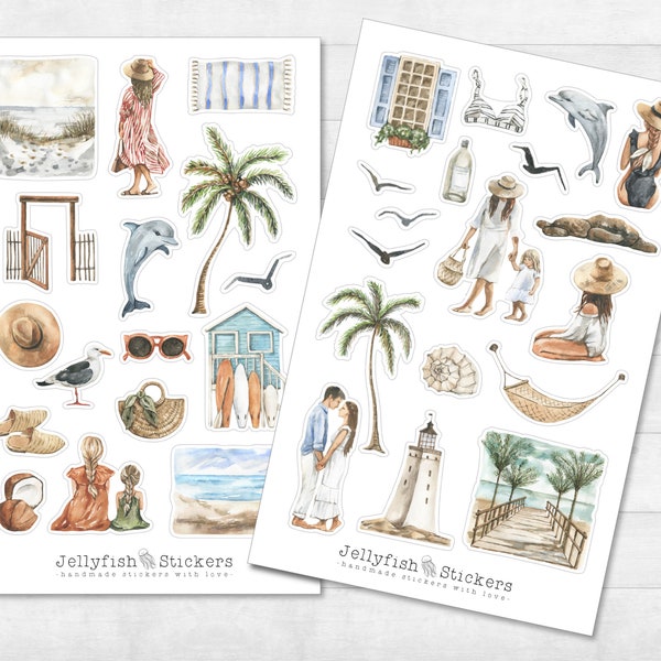 Zomervakantie sticker set - stickers, dagboekstickers, stickers strand, zee, reisdagboek, reizen, zon, reis, meisje, familie