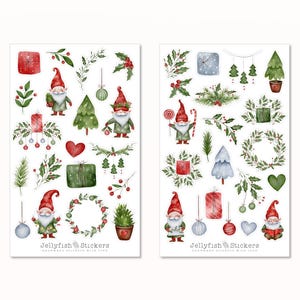 Könnte beinhalten: Zwei Bögen mit weihnachtlichen Aufklebern mit Aquarellillustrationen. Die Aufkleber zeigen Wichtel, Weihnachtsbäume, Kränze, Geschenke, Herzen und Ornamente. Die Farbpalette ist hauptsächlich rot, grün und weiß. Der Text "Jellyfish Stickers" ist sichtbar.