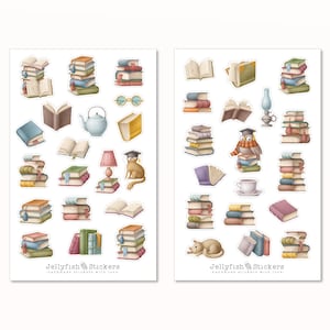 Set di adesivi per libri colorati: adesivi, adesivi per diario, adesivi per pianificatore, adesivi per la lettura, biblioteca, sala lettura, libreria, cartoni animati, gatto