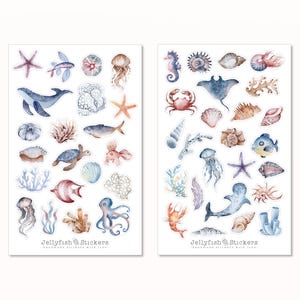 Zeedieren sticker set - sticker maritiem, zee, aquarel, schelpen, strand, zee, vakantie, walvis, kwallen, schildpad, vis, roggen, kinderen