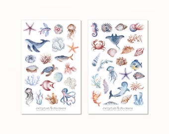 Sea Animals Sticker Set - Nautical Stickers, Sea, Watercolor, Shells, Beach, Ocean, Vacation, Whale, Jellyfish, Turtle, Fish, Ray, Children