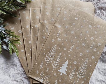Papiertüten Weihnachten - Tannenbaum, Wald, Schneeflocke, Kraftpapier, Geschenk, Adventskalender, Papier, Beutel, Papiertasche, Flachbeutel