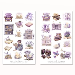 Set de pegatinas de libros: pegatinas para agenda, pegatinas de lectura, pegatinas para amantes de la lectura, para el tiempo libre, para niñas, morado, hogar, lavanda y flores.