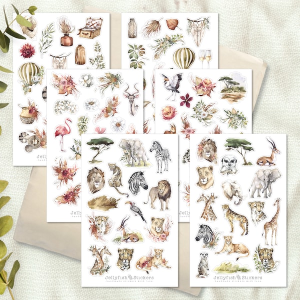 African Animals and Plants Sticker Set - Nature, Journal, Floral, Summer, Bird, Lion, Zebra, Elephant, Savannah, Flowers, Giraffe