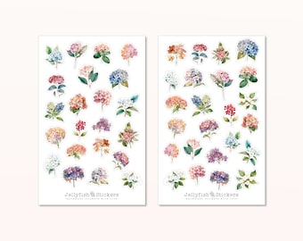 Hortensia-stickerset - bloemenstickers, dagboekstickers, stickerbloemen, natuur, tuin, planten, bloemen, blauw, roze