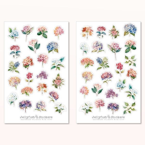 Hortensien Sticker Set - Florale Aufkleber, Journal Sticker, Sticker Blumen, Natur, Garten, Pflanzen, Floral, Blau, Rosa