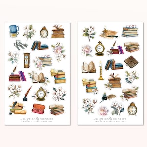 Boekenstickerset - Stickers, dagboekstickers, plannerstickers, leesstickers, bloemen, bibliotheek, leeszaal, vintage, items