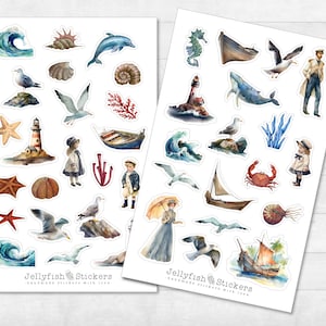 Ensemble d'autocollants maritimes - autocollants de mer, autocollants de journal, autocollants animaux marins, dauphin, mouette, coquillages, plage, phare, vacances, mer, été