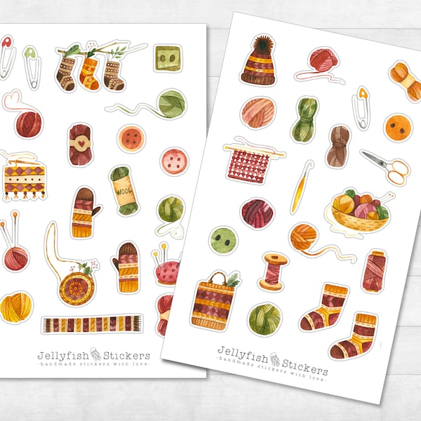 Stricken Sticker Set - Aufkleber Journal, Sticker Planer, Sticker Handarbeit, Handmade, Hobby, Zuhause, Wolle, Material, Freizeit, Knöpfe