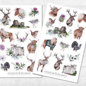 Set adesivi animali scozzesi - Adesivi per diario, adesivi pianificatore, decalcomanie, foresta, piante, Scozia, cavallo, cervo, uccello, natura, mucca
