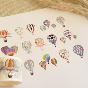 Balon na gorące powietrze z taśmą Washi-akwarela, akwarela, podróż, wakacje, kolorowy, kwiatowy, scrapbooking, rękodzieło, taśma klejąca, materiał