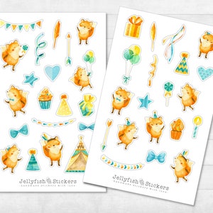 Fuchs Geburtstag Sticker Set - Süße Aufkleber, Journal Sticker, Sticker Tiere, Party, Luftballon, Kindergeburtstag, Einladungskarten, Baby