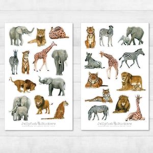 Dieren van de Savannah Sticker Set - Journal Stickers, Planner Stickers, Safari Stickers, Afrika, Leeuw, Giraffe, Olifant, Zebra, Tijger, Babydieren