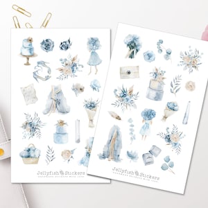 Conjunto de pegatinas azules de boda - pegatinas, pegatinas de diario, pegatinas de planificador, flores de pegatinas, matrimonio, vestido de novia, aniversario, día de la boda