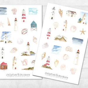 Maritieme stickerset - zeestickers, dagboekstickers, stickersschelpen, strand, vuurtoren, vakantie, zwemmen, strandvakantie, zee, zomer