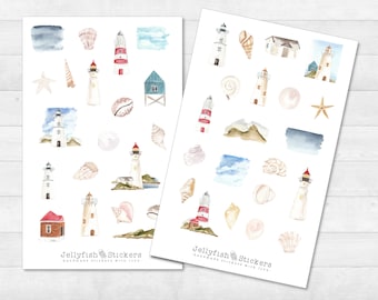 Maritime sticker set - sea stickers, journal stickers, stickers shells, beach, lighthouse, vacation, swimming, beach vacation, sea, summer