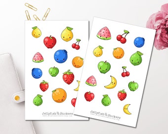 Niedliches Obst Sticker Set - Essen und Trinken Aufkleber Journal Sticker, Planersticker, Sticker Früchte, Obst, Kinder, Gesichter, kawaii