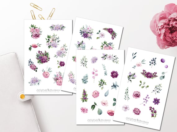 Purple Pink Flowers Sticker Set Journal Planner Stickers | Etsy