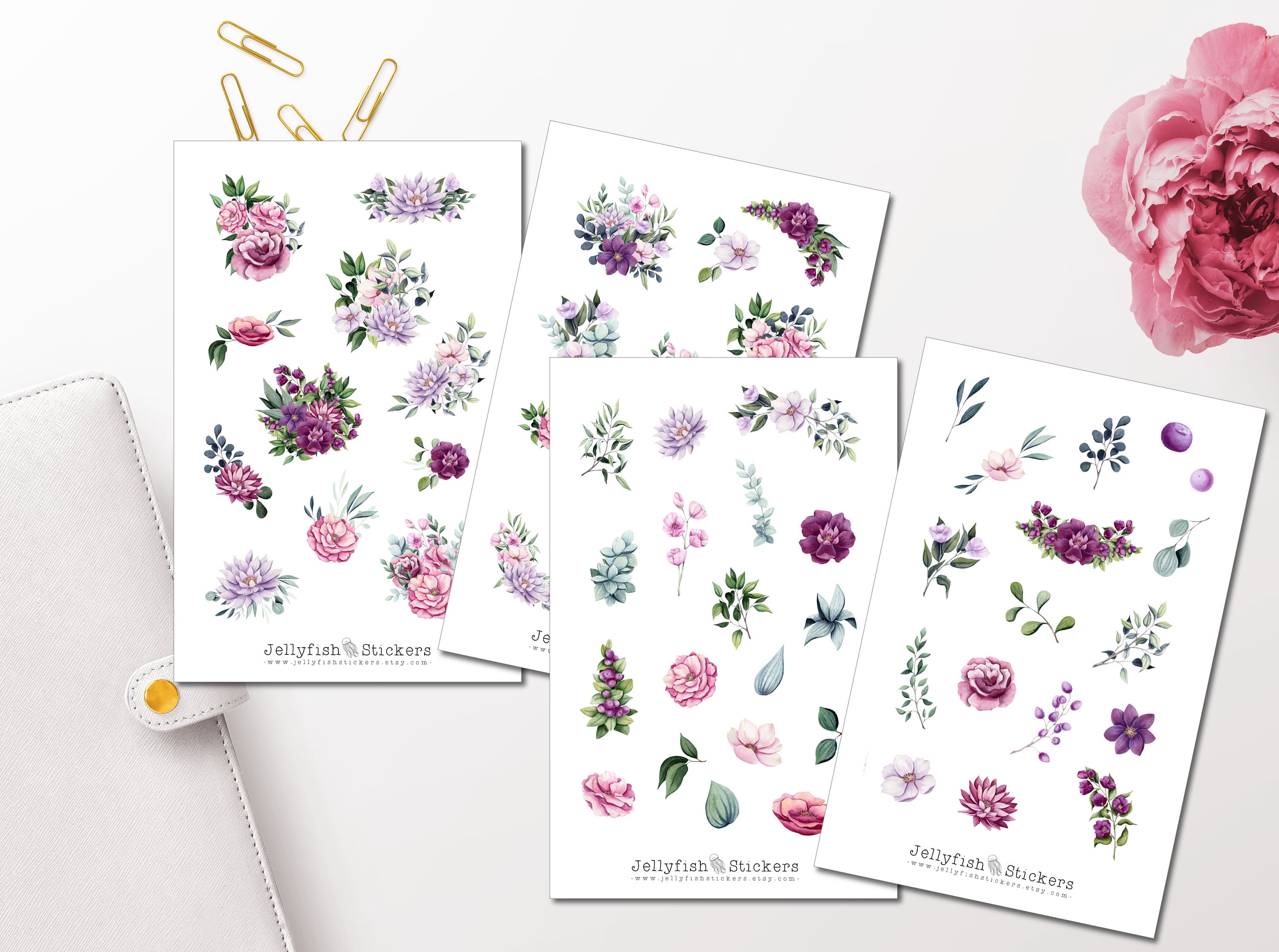 Lila Rosa Blumen Sticker Set – 2 Bögen, 18x11 Cm, Florale Aufkleber Für Journal, Scrapbooking & Deko